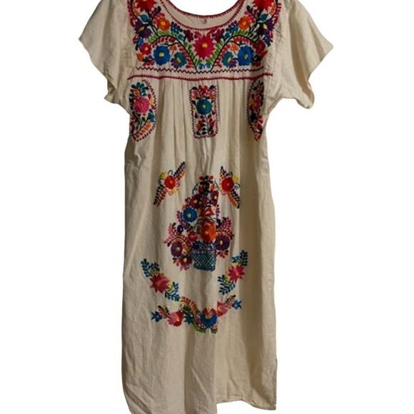 Vintage Mexican Floral Embroidered Flax Muslin Hemp Huipil Dress M - Picture 2 of 7